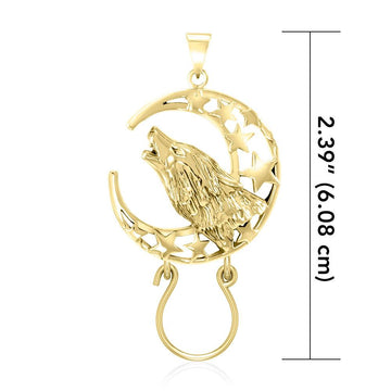 Baying Wolf and Moon 14 K Solid Gold Charm Holder Pendant GPD5083 - Jewelry
